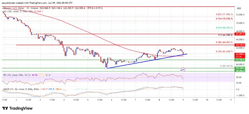 Bitcoin price chart showing consolidation near $64,000 resistance
