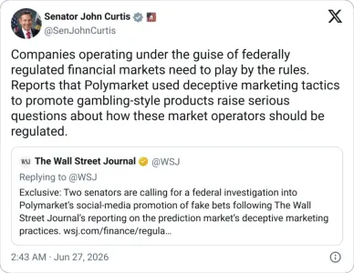 美国参议员要求 CFTC 调查 Polymarket 涉嫌欺骗性影响者营销